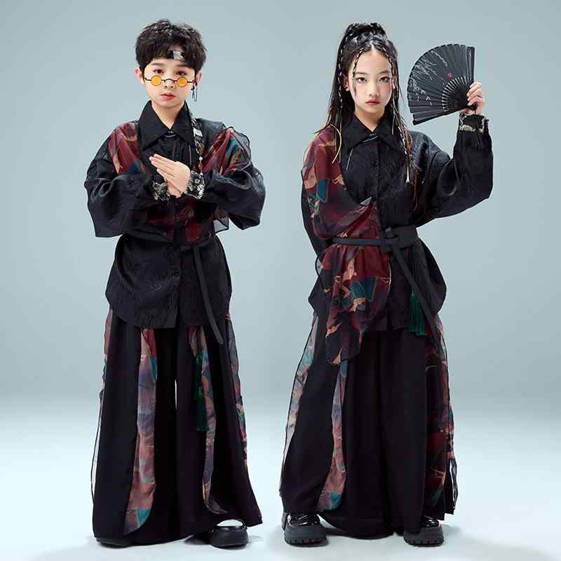 キッズ ダンス衣装 男の子 女の子 武侠風 漢服 古装 中華風 武術 ステージ衣装 発表会 イベント 合唱 柔らか素材 ポリエステル セットアップ オールシーズン