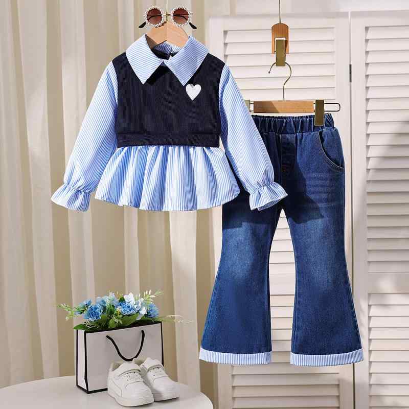 セットアップ キッズ 女の子 長袖 襟付きシャツ 切り替えトップス デニムフレアパンツ 2点セット コットンブレンド 柔らかな肌触り カジュアル おしゃれ お出かけ 通園 秋冬 ブルー