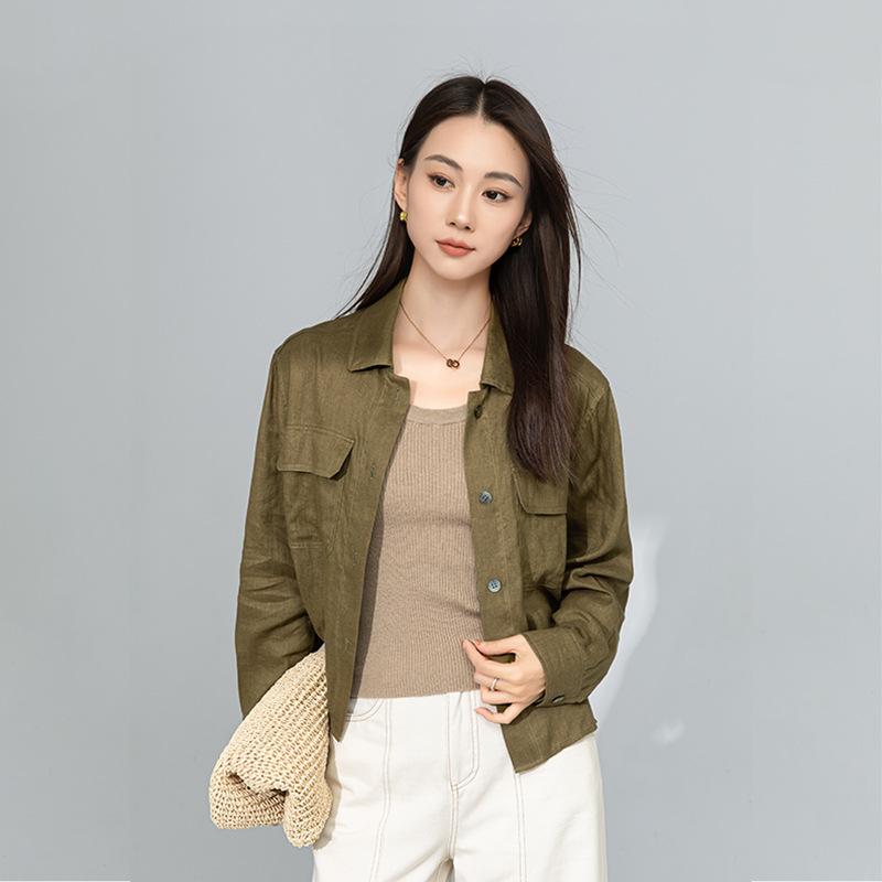 シャツ レディース リネン 薄手 軽量 長袖 ゆったり ポロ襟 カジュアル デザイン おしゃれ 春夏 羽織り ミドル丈 ナチュラル オリーブグリーン 着回し