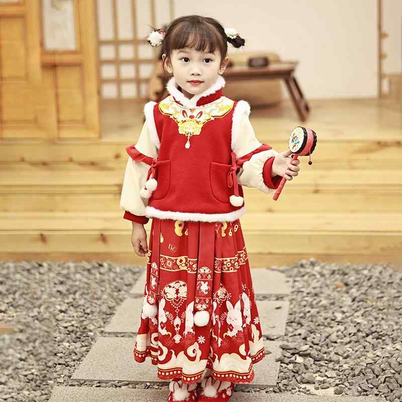 漢服 女の子 キッズ 厚手 裏起毛 防寒 暖かい やわらか 中国風 花柄 プリンセス セットアップ お正月 新年 普段着 お祝い イベント 切り替え 秋冬