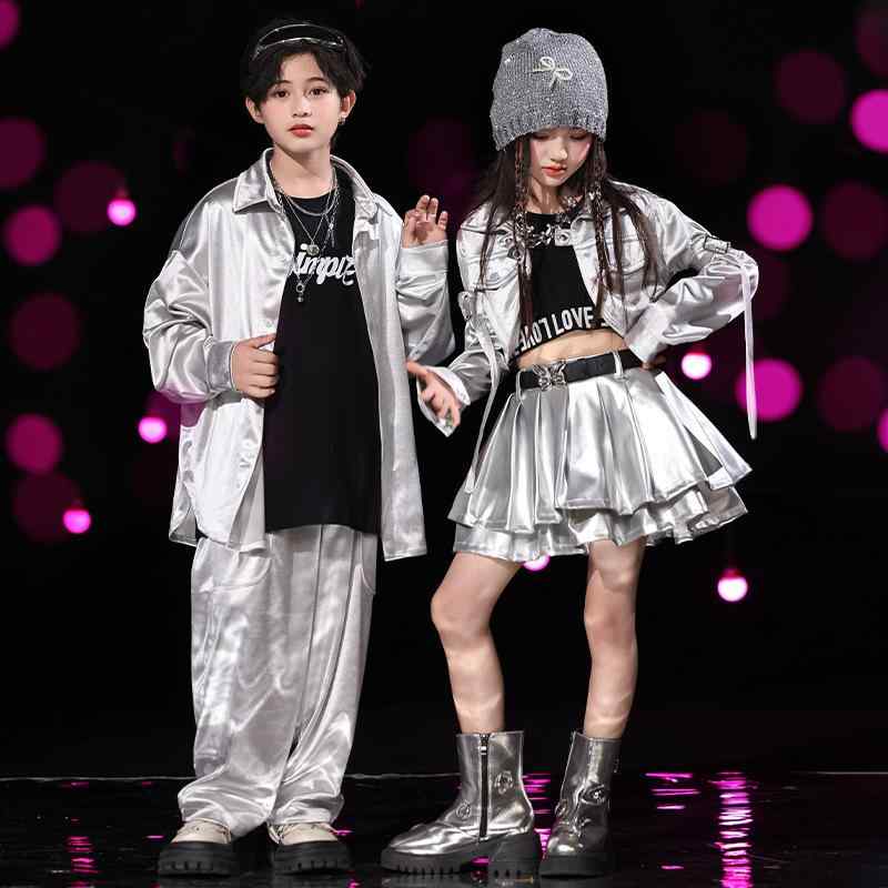 ダンス衣装 キッズ 男の子 女の子 男女兼用 ヒップホップ ストリート ドラム発表会 スパンコール キラキラ メタリックカラー ゆったり ルーズ セットアップ 上下セット 発表会 ステージ パフォーマンス 韓国風 ポリエステル オールシーズン イベント用