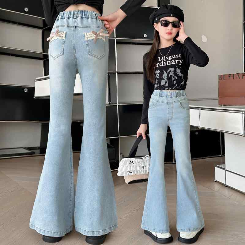 デニムパンツ キッズ 女の子 ガールズ ウエストゴム スリムフィット 柔らかい 切り替え フレア ロング丈 コットン 綿 春夏 無地 おしゃれ カジュアル 韓国風