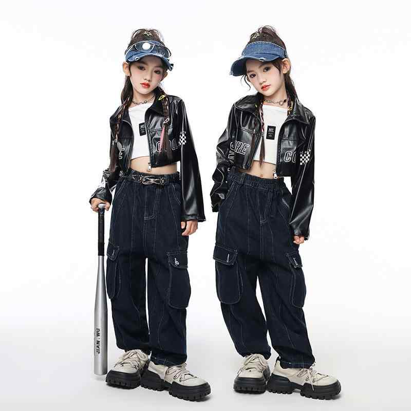 ダンス衣装 キッズ 女の子 ジャズダンス ヒップホップ ストリート 練習着 発表会衣装 韓国風 クール トレンド 黒ジャケット キャミソール パンツ セットアップ 秋物 ジュニア