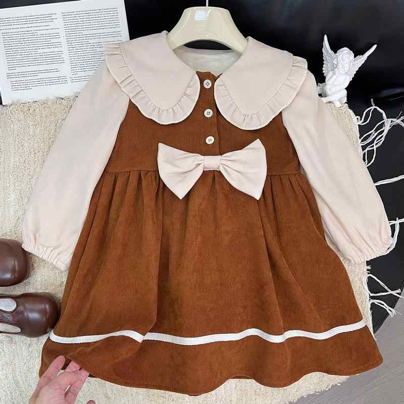 ワンピース キッズ 女の子 裏起毛 厚手 長袖 切り替え プリンセス風 韓国風 おしゃれ かわいい 無地 ポリエステル素材 ブラウン 秋冬 暖か 防寒 子供服