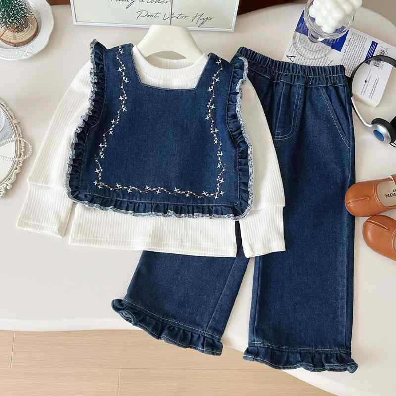 セットアップ キッズ 女の子 中大童 小学生 長袖 プルオーバー ソフトデニム 柔らかい ロングパンツ 3点セット おしゃれ かわいい トレンド カジュアル 春夏秋 コットン 綿混素材 無地 お出かけ 普段使い