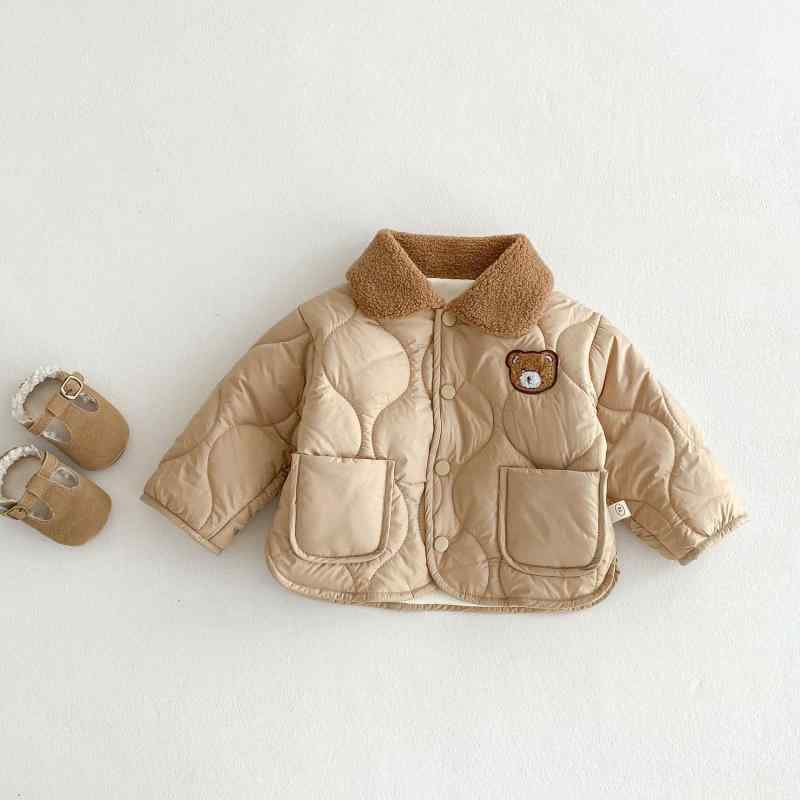中綿ジャケット ベビー キッズ 男の子 女の子 保温性 厚手 冬用 クマ柄 キャラクター 韓国風 おしゃれ かわいい ポリエステル シングルボタン 襟付き カーキ