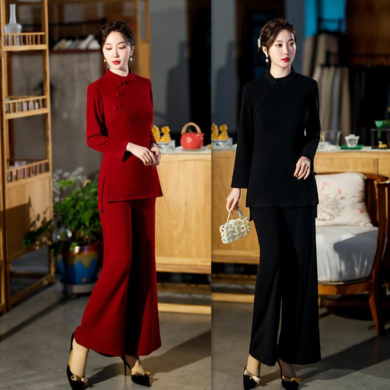 チャイナドレス レディース 女性用 長袖 スタンドカラー トップス ワイドパンツ セットアップ エレガント 上品 中国風 モダン レトロ ポリエステル ストレッチ 秋冬