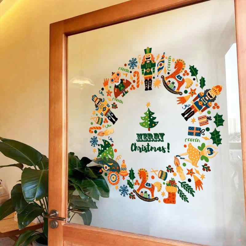 ウォールステッカー 静電 クリスマス 正月 円形リース キャラクター 窓シール ディスプレイ 店舗用 ドアステッカー おしゃれ かわいい インスタ風 窓飾り PVC
