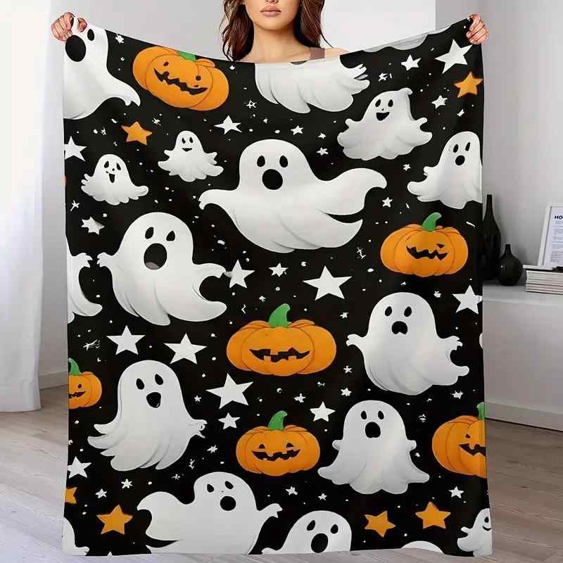 ブランケット フランネル ふわふわ デジタルプリント モダンデザイン ハロウィン カボチャ ゴースト柄 ソファカバー ひざ掛け ベッドスロー マルチカバー インテリア ポリエステル 通年