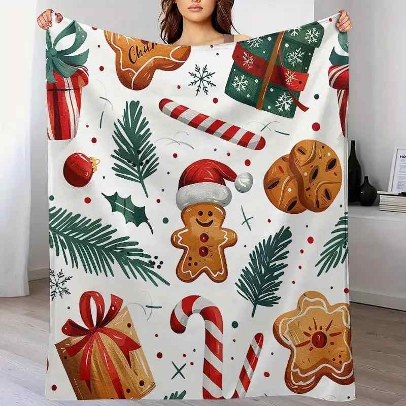 ブランケット クリスマス ふわふわ 暖かい フランネル ジンジャーブレッド ステッキキャンディ サンタ帽柄 ソファ ベッド 装飾 ポリエステル オールシーズン