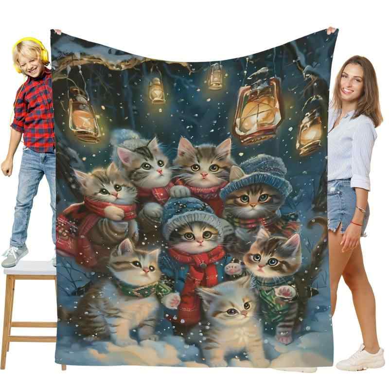 ブランケット クリスマス 雪夜 猫 デザイン プリント フランネル 保温 暖かい 多機能 オールシーズン ベッド ソファカバー 装飾用 ひざ掛け ポリエステル製