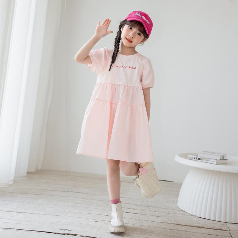 ワンピース キッズ 女の子 半袖 パフスリーブ プリンセスドレス 韓国風 高級感 Aライン コットン ピンク 春夏 おしゃれ かわいい ジュニア お出かけ ガールズ