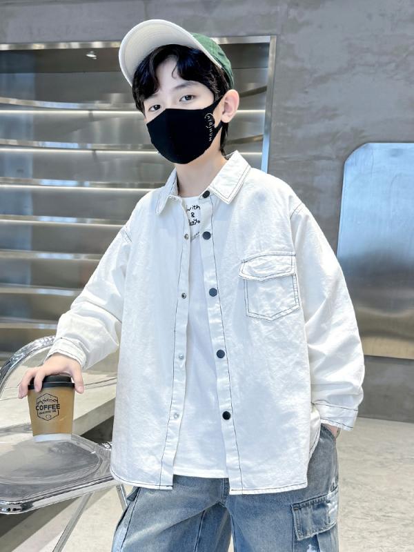 シャツ 男の子 ジュニア ボーイズ 春秋 長袖 無地 柔らかい 肌触り良い コットン 綿 ホワイト 白 トレンド カジュアル 通学 普段着 羽織り
