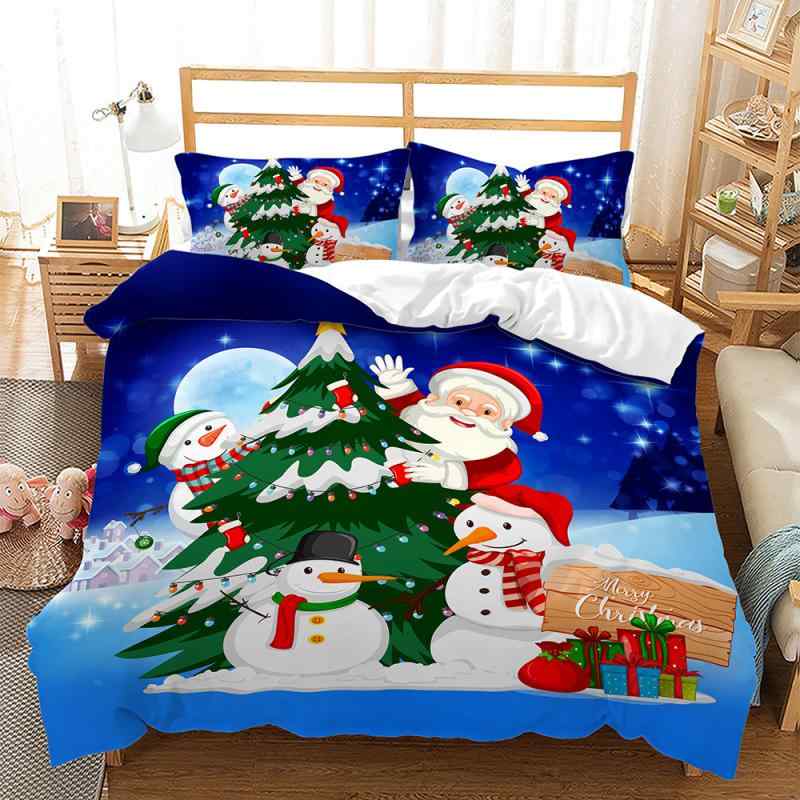 寝具 ブルークリスマスシリーズ 3Dデジタルプリント ポリエステル ピーチスキン加工 カートゥーン柄 おしゃれな掛け布団カバー シーツ 枕カバー 3点セット