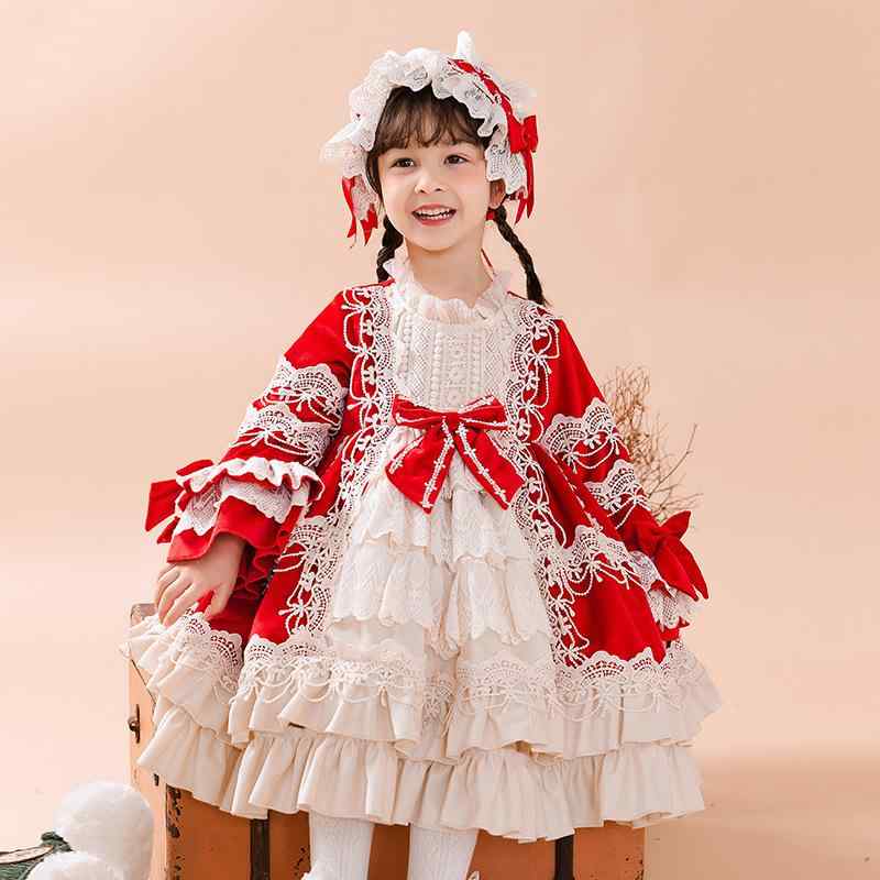 子供服 女の子 裏起毛 長袖 赤 ロリータ プリンセス 華やか レース ドレス ワンピース 秋冬 ベビー 幼児 フォーマル ポリエステル プリーツ 80-130cm対応