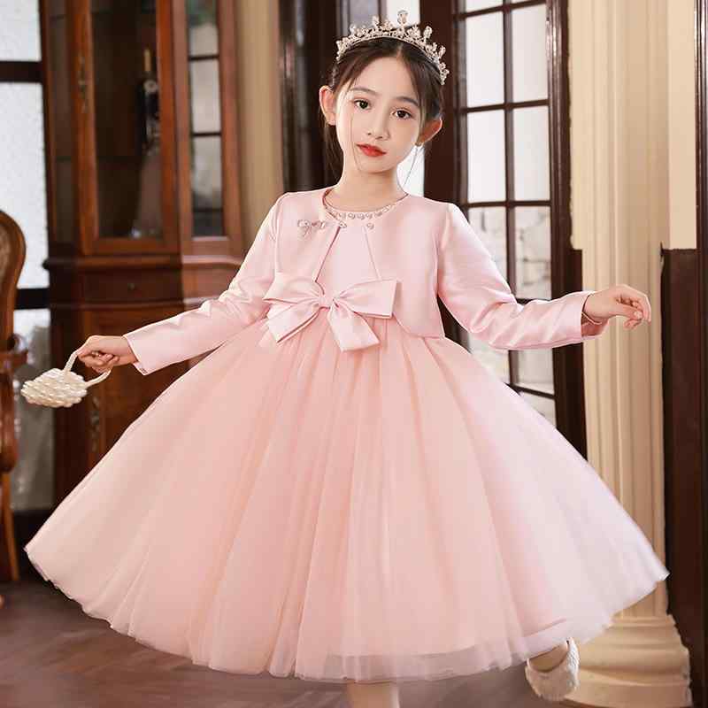 ワンピース 女の子 プリンセスドレス 長袖 キッズ フォーマル 発表会 誕生日 結婚式 フラワーガール ピアノ 演奏会 お呼ばれ セレモニー 2点セット 柔らか加工 オーガンジー 春秋冬 ピンク ホワイト 無地