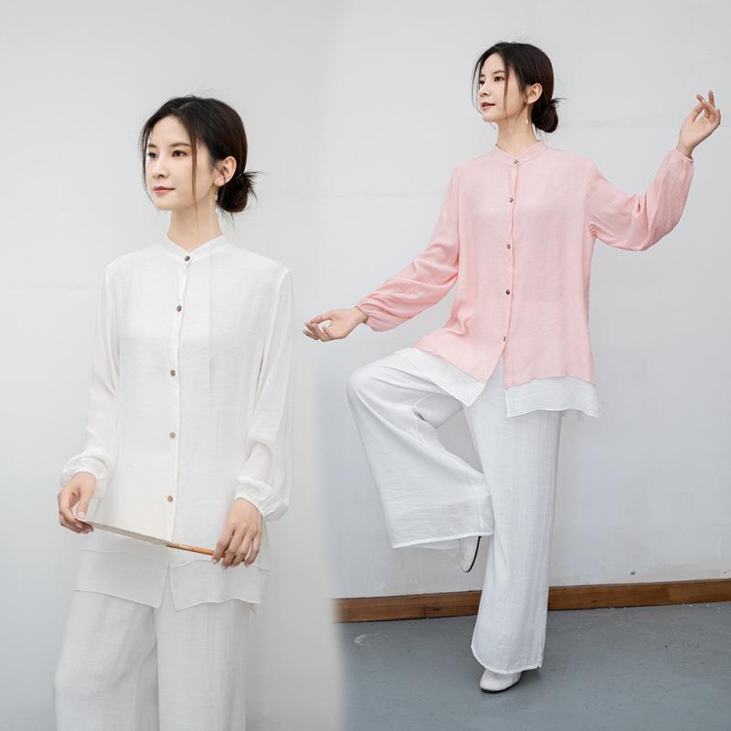 セットアップ レディース 女性用 モダン コットンリネン 禅スタイル ゆったり スタンドカラー ボタン付き カーディガン レトロ 民族風 エスニック 茶服 長袖 秋冬 白 ピンク おしゃれ