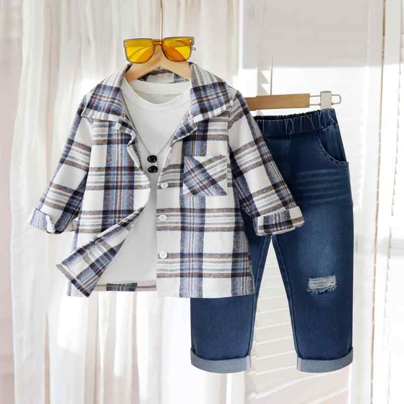 キッズ 女の子 セットアップ 柔らかい肌触り 春秋 欧米風 トレンド チェック柄 シャツ ジャケット デニム ダメージ加工 ロングパンツ 2点セット|セキュアデポ