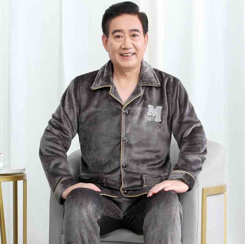 パジャマ メンズ 男性用 中高年 大きいサイズ ゆったり ぽっちゃりさん向け 厚手 保温 暖かい サンゴフリース フランネル 長袖 長ズボン 襟付き ルームウェア 部屋着 上下セット セットアップ シンプル カジュアル 外出OK 秋冬
