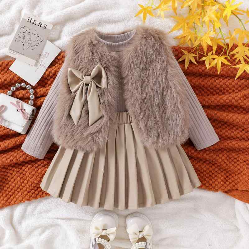 スカートセット 女の子 キッズ ジュニア 子供服 秋冬 カジュアル 3点セット もこもこ ファー ニット セーター 長袖 トップス レザースカート 柔らかい 肌触り 裏起毛 綿混 無地 3歳 8歳 向け 100cm 140cm