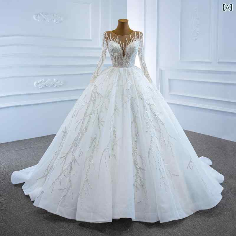 ウェディングドレス レディース 長袖 プリンセスライン 披露宴 結婚式 二次会 花嫁 ドレス Aライン 切り替え 前撮り ホワイト A4対応｜セキュアデポ