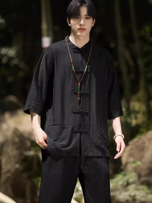 シャツ メンズ 春夏 吸汗速乾 形態安定 通気性 防シワ 中国風 新中華スタイル スタンドカラー 五分袖 チャイナボタン 無地 ゆったり ルーズフィット 綿混 カジュアル 普段着