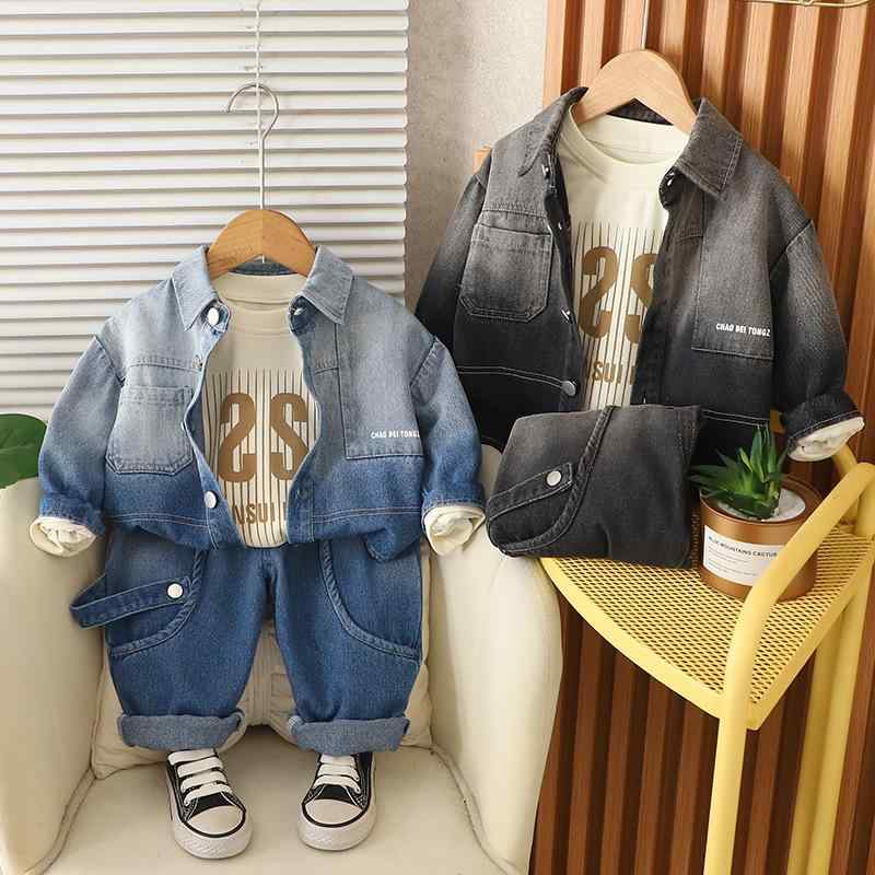 キッズ 男の子 デニム セットアップ 春秋 グラデーション 襟付き 長袖 おしゃれ 韓国風 ジャケット パンツ スリーピース 3点セット 綿 コットン 普段着 通園 お出かけ 幼児 1歳 2歳 3歳