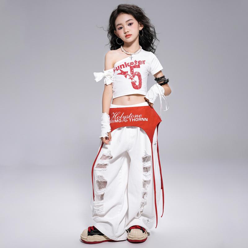 ダンス衣装 キッズ 女の子 子供用 白 ダメージロングパンツ ジャズダンス ストリートダンス ガールズグループ風 発表会 ステージ衣装 おしゃれ トレンド ストレッチ