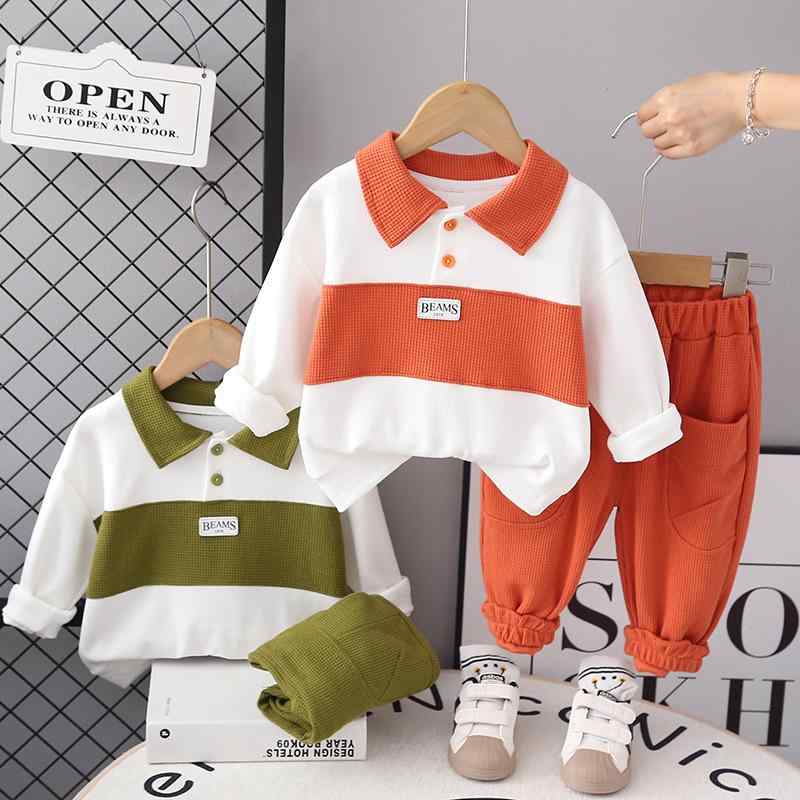 セットアップ 男の子 ベビー ボーイズ 子供服 キッズ 春秋 長袖 ポロシャツ パンツ 配色切り替え バイカラー 2点セット カジュアル おしゃれ 普段着 通園 お出かけ 柔らか素材 綿95% 幼児服