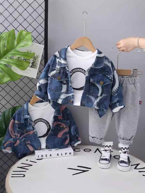 セットアップ 男の子 ベビー キッズ 子供服 デニム 長袖 ロングパンツ 3点セット 春秋 コットン 柔らかい 肌触り カジュアル おしゃれ 通園着 お出かけ レタープリント