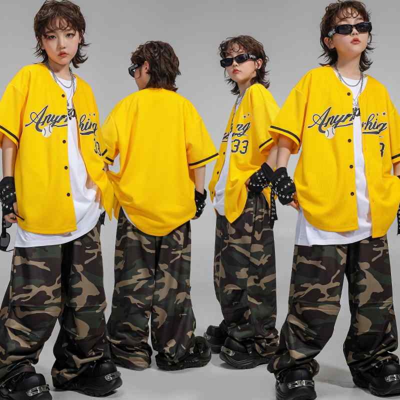 ダンス衣装 キッズ 男の子 女の子 ヒップホップ ストリートダンス ベースボールTシャツ イエロー 黄色 半袖 発表会 舞台 イベント レッスン かっこいい クール 動きやすい 練習着 幼児 小学生 男女兼用