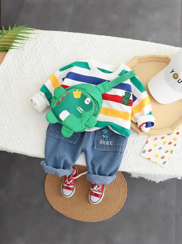 セットアップ 男の子 ベビー 幼児 0歳から3歳半 韓国風 恐竜 キャラクター デニム調 長袖 長パンツ コットン 綿素材 柔らかい肌触り 春秋 普段着 お出かけ 上下セット グリーン 2点セット