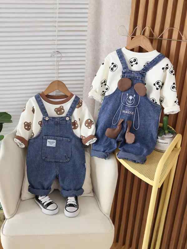 ベビー服 男の子 男児 赤ちゃん 8ヶ月 1歳 春秋 綿95% 柔らか素材 長袖トップス サロペットパンツ セットアップ オフホワイト ブラウン キャラクター アニマル柄 股下スナップ 韓国風