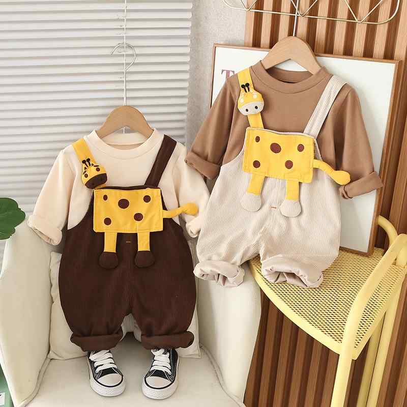 キッズ 女の子 ベビー セットアップ 韓国風 カジュアル キリン柄 サロペット 長袖 パンツ 2点セット 春秋 綿混 ソフトな肌触り お出かけ 普段着