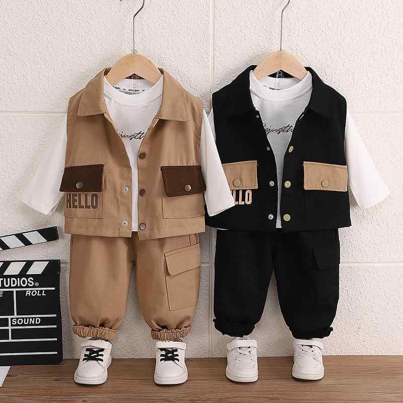 ベビー服 男の子 キッズ セットアップ 春秋 3点セット ベスト 長袖Tシャツ ロングパンツ コットン やわらか 肌に優しい アルファベット柄 HELLO柄 ワークウェア風 カジュアル おしゃれ