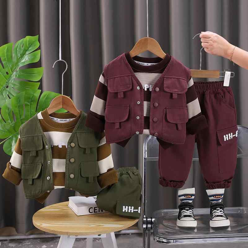 セットアップ 男の子 ベビー 春秋 カジュアル ソフト加工 ワークテイスト ベスト 長袖 ロングパンツ 3点セット おしゃれ こども服 ストライプ柄 コットン素材