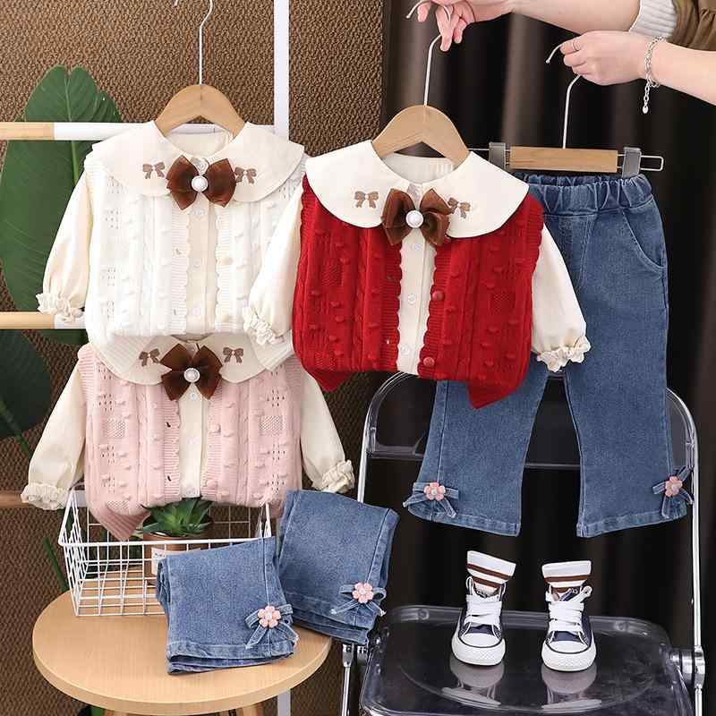 セットアップ 女の子 ベビー キッズ 春秋 長袖 パンツセット 韓国風 立体的 リボン ニット ベスト ジレ 綿素材 通園 普段使い お出かけ 三点セット