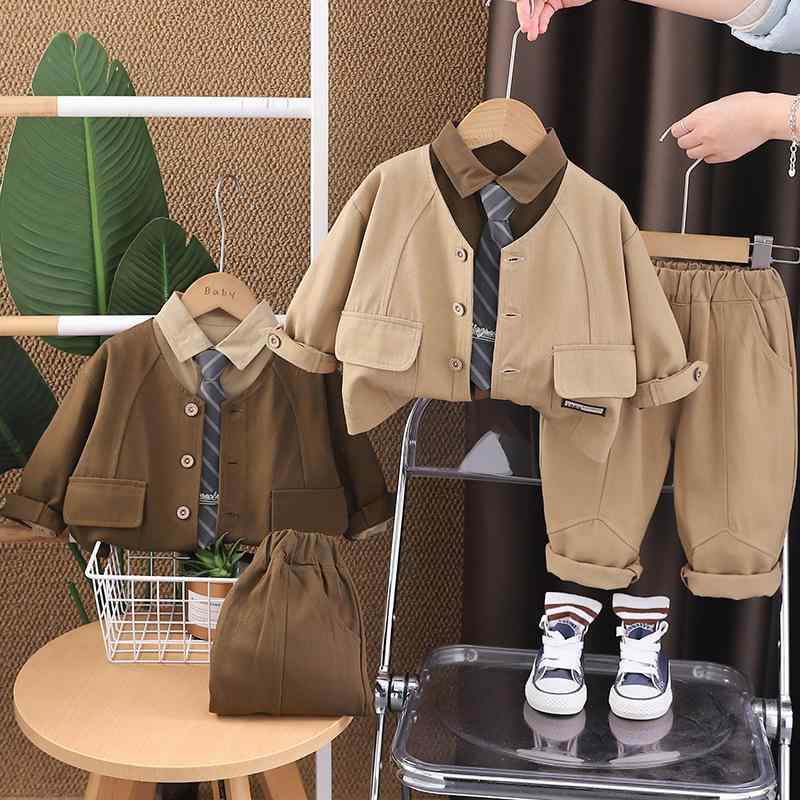 キッズ 男の子 春秋 セットアップ 韓国風 ワークウェア カジュアル スリーピース シャツ ネクタイ ポケット付き ロングパンツ 3点セット 柔らかい肌触り 長袖 無地 シングルボタン 幼児服