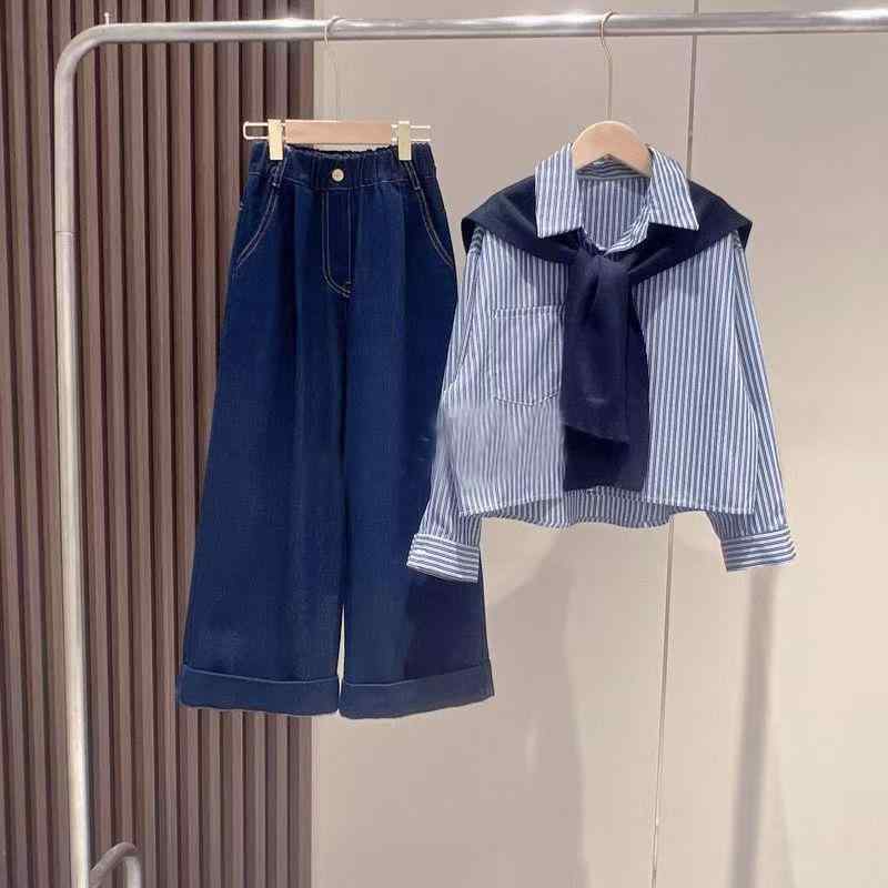 ガールズ セットアップ ジュニア 小学生 中学生 春秋 長袖 ストライプ柄シャツ 長丈デニム ジーンズ 綿混 柔らか素材 韓国風 おしゃれ カジュアル 普段着 通学着 2点セット