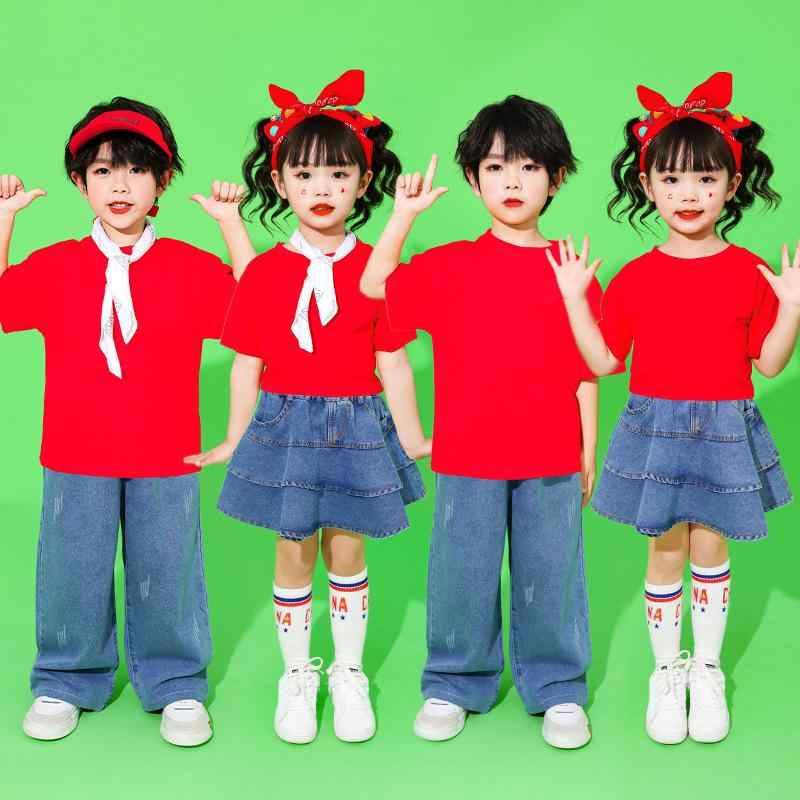 キッズ 小学生 ダンス 衣装 チアリーディング 応援団服 発表会 運動会 開会式 合唱 舞台 パフォーマンス レッド 赤色 華やか かわいい コットン 綿素材 男女兼用 春秋