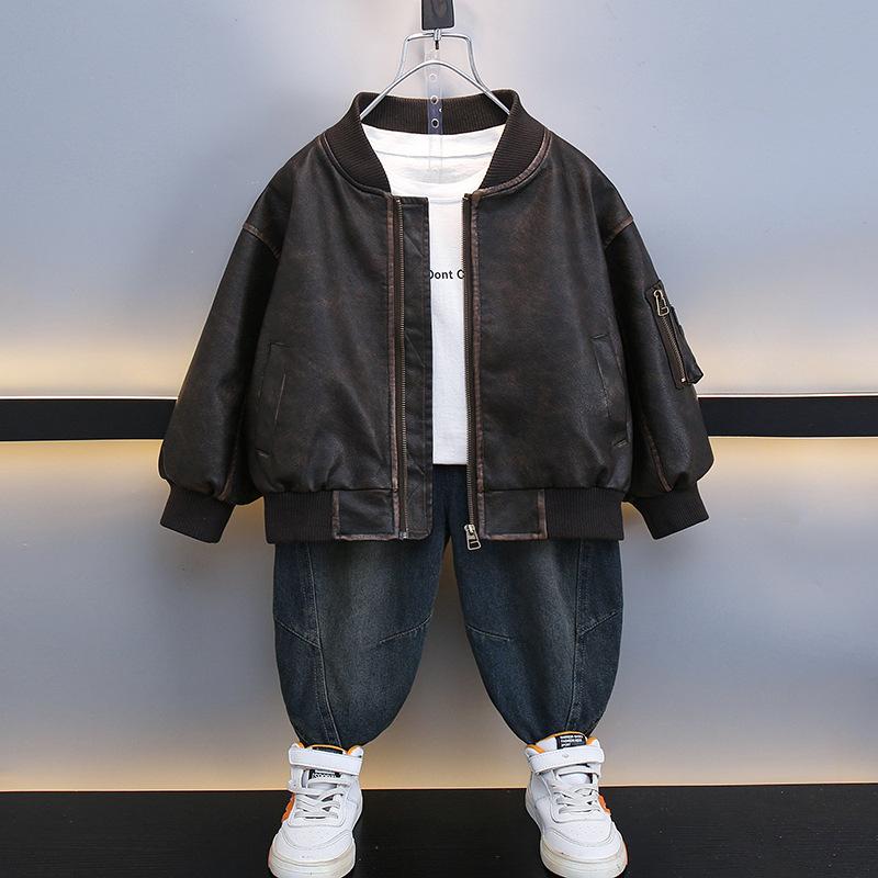 ジャケット 男の子 キッズ PUレザー 秋冬 韓国風 おしゃれ レトロ ヴィンテージ 丸首 ラウンドネック ショート丈 長袖 カジュアル 通学 デイリーユース ブラウン 着回し 万能 アウター 革ジャン