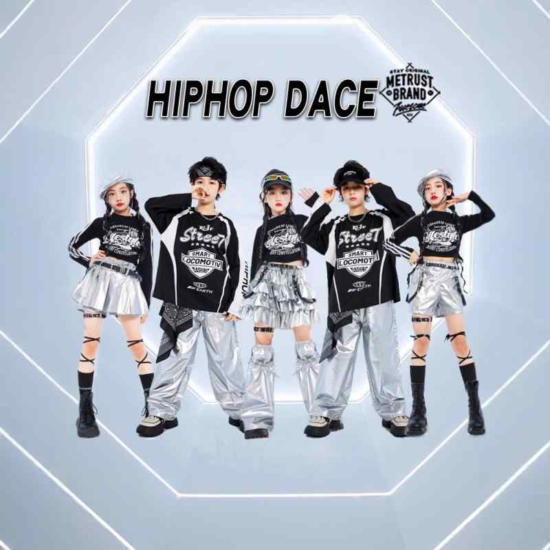 ダンス衣装 キッズ 男の子 女の子 ヒップホップ ストリート ジャズ メタリックシルバー 光沢 ライダースタイル 発表会 ステージ 春秋
