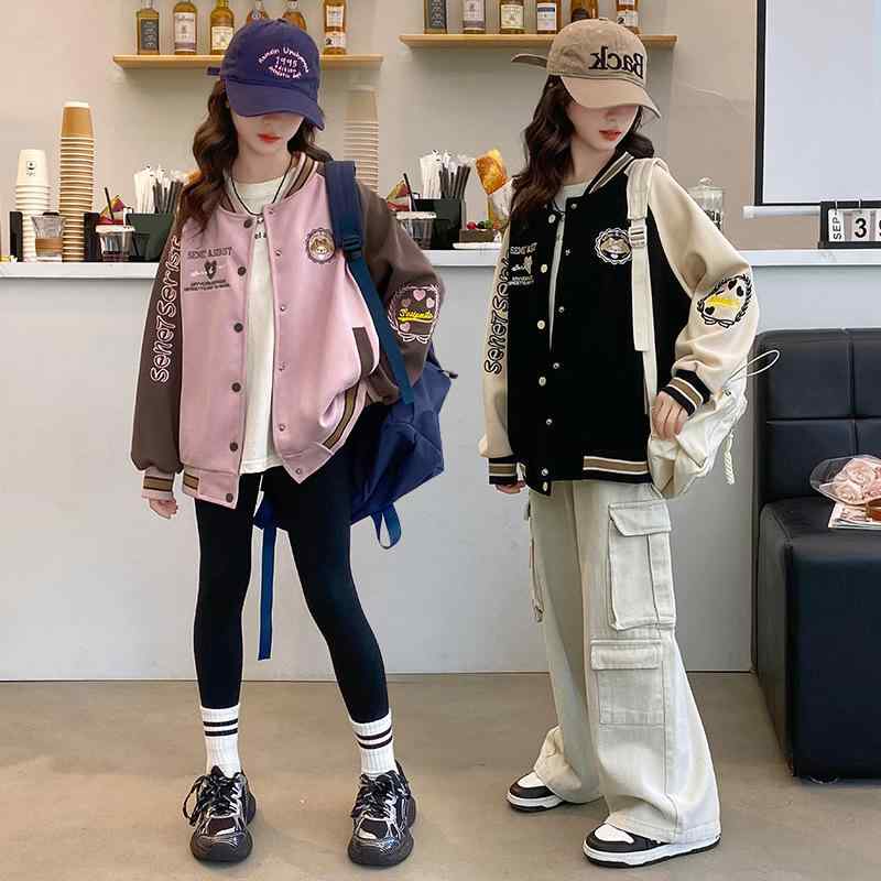 ジャケット キッズ 女の子 韓国子供服 スタジャン 厚手 裏起毛 中綿入り あったか ジュニア アウター 長袖 丸首 英字ロゴ 切り替え スポーティ カジュアル 通学 秋冬