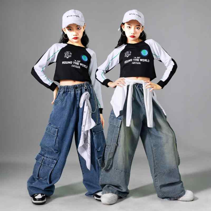 ダンス衣装 キッズ 女の子 ジャズダンス ストリートダンス 発表会 練習着 ヒップホップ ショート丈 へそ出し 長袖 トップス おしゃれ 動きやすい レッスン着 ステージ衣装 春秋