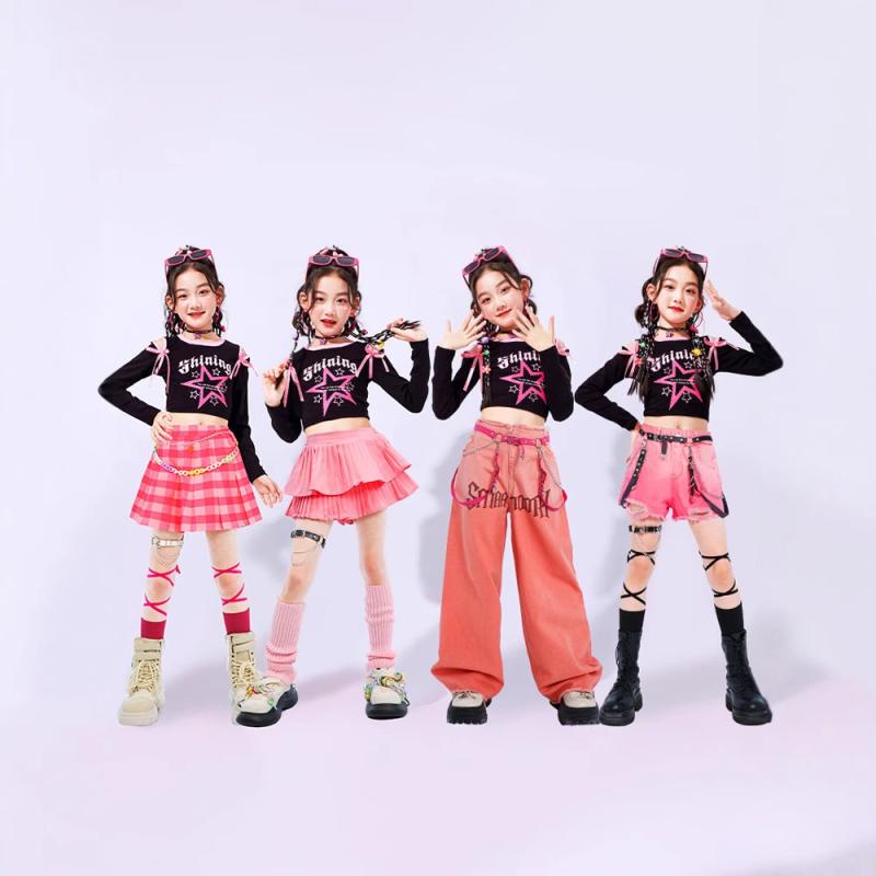 ダンス衣装 女の子用 キッズ ガールズ ジャズ ストリート ヒップホップ 発表会 ステージ ドーパミンカラー 甘辛 クール トレンド ストリートファッション ポリエステル ウェア
