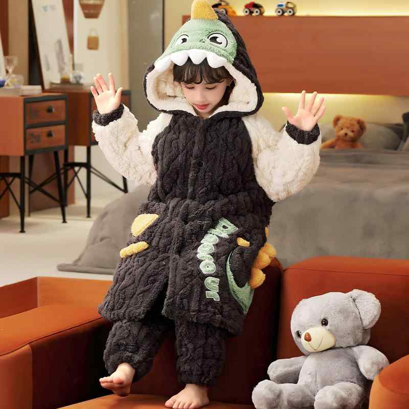 パジャマ キッズ 女の子 ガールズ ジュニア 三層 中綿入り フランネル 厚手 保温 あったか ふわふわ 冬用 部屋着 ルームウェア カジュアル キャラクター柄 寝間着 ポリエステル素材