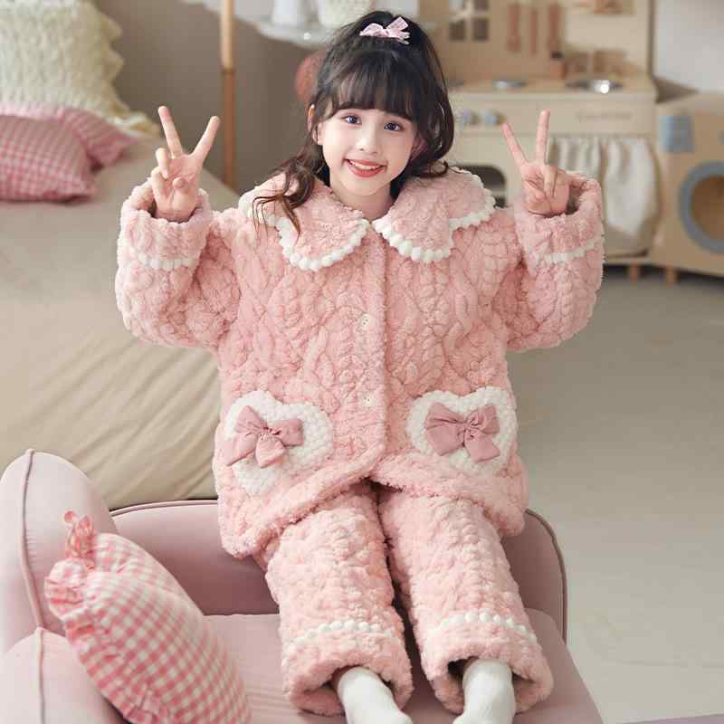 パジャマ 女の子 ジュニア 秋冬 襟付き 三層構造 中綿入り 裏起毛 厚手 保温 サンゴフリース ルームウェア 部屋着