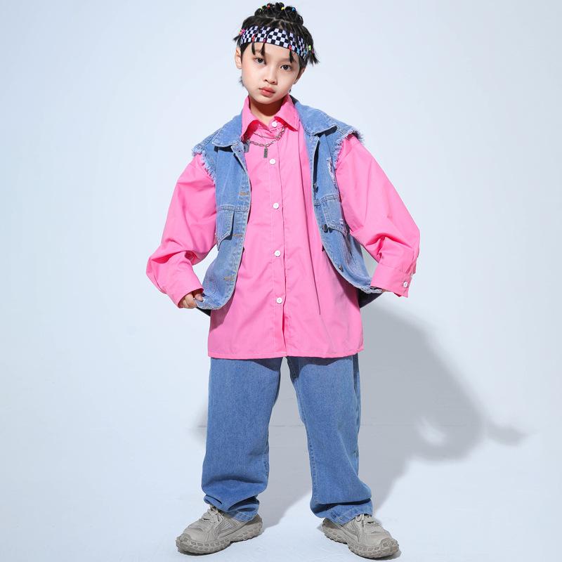 ダンス衣装 男の子 キッズ ジュニア 動きやすい ヒップホップ ストリートダンス 発表会 練習着 イベント パフォーマンス クール おしゃれ ピンク シャツ 綿素材 春秋