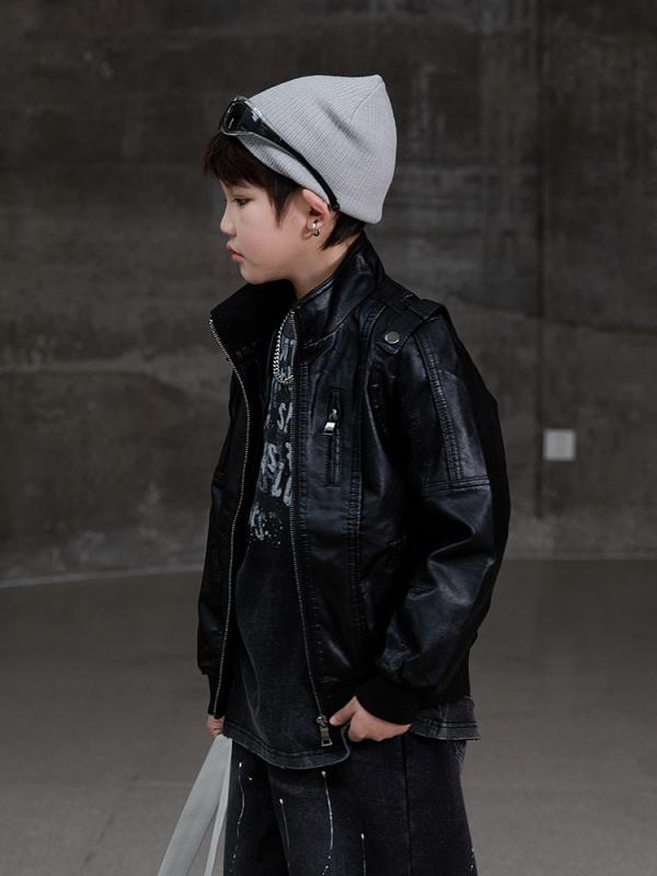 アウター キッズ 男の子 男児 PUレザー フェイクレザー ライダースジャケット 革ジャン 春秋 柔らかな カジュアル おしゃれ かっこいい クール ブラック
