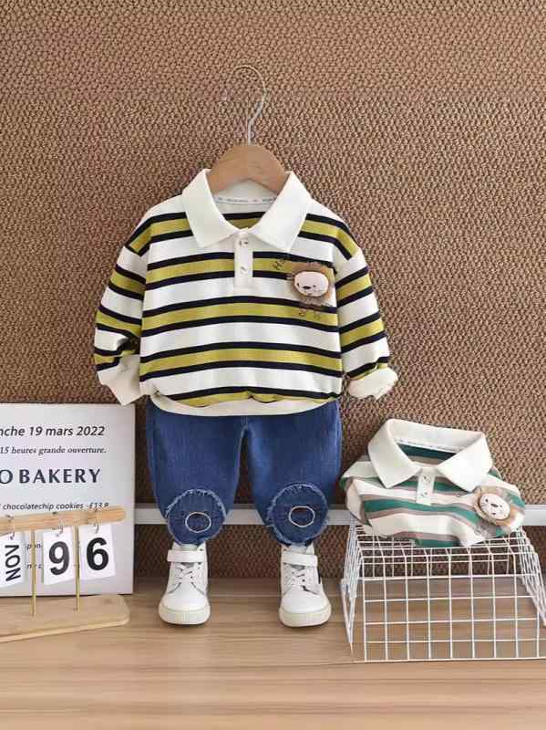 セットアップ ベビー 男の子 春秋 長袖 ポロ襟 長パンツ 2点セット 綿素材 柔らかい肌触り おしゃれ カジュアル ストライプ ライオン柄